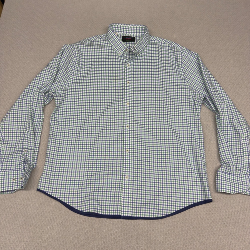 Twillory Untuckable Glow Shirt Mens XL Blue Green Plaid Check Preppy Casual